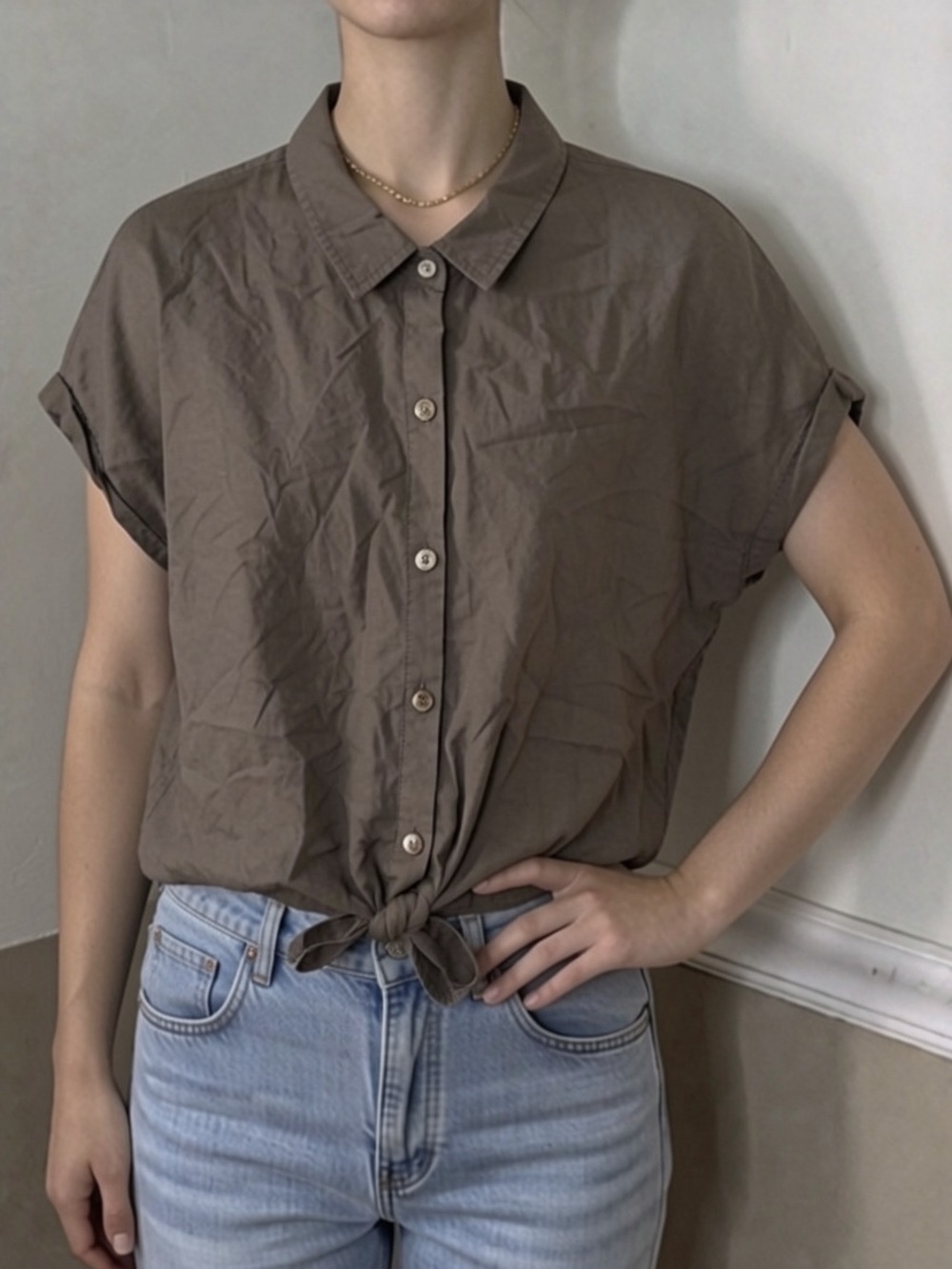 ❤️ 5 for $20! Thread & Supply Brown Short Sleeve Button-Front Tie Shirt